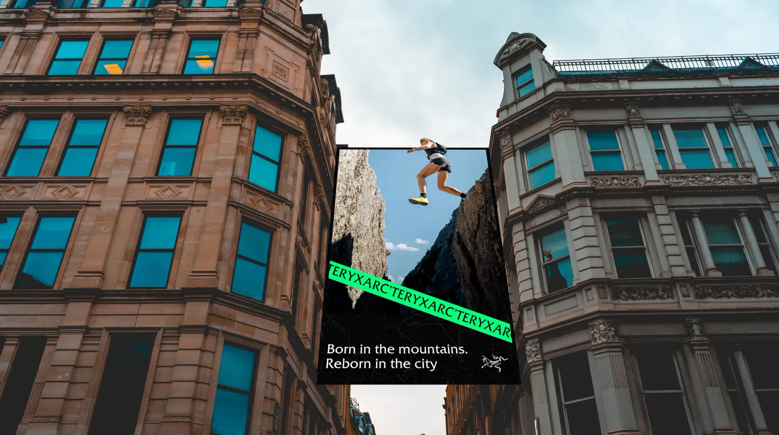 A board between brick buildings: Born in the mountains, reborn in the city.