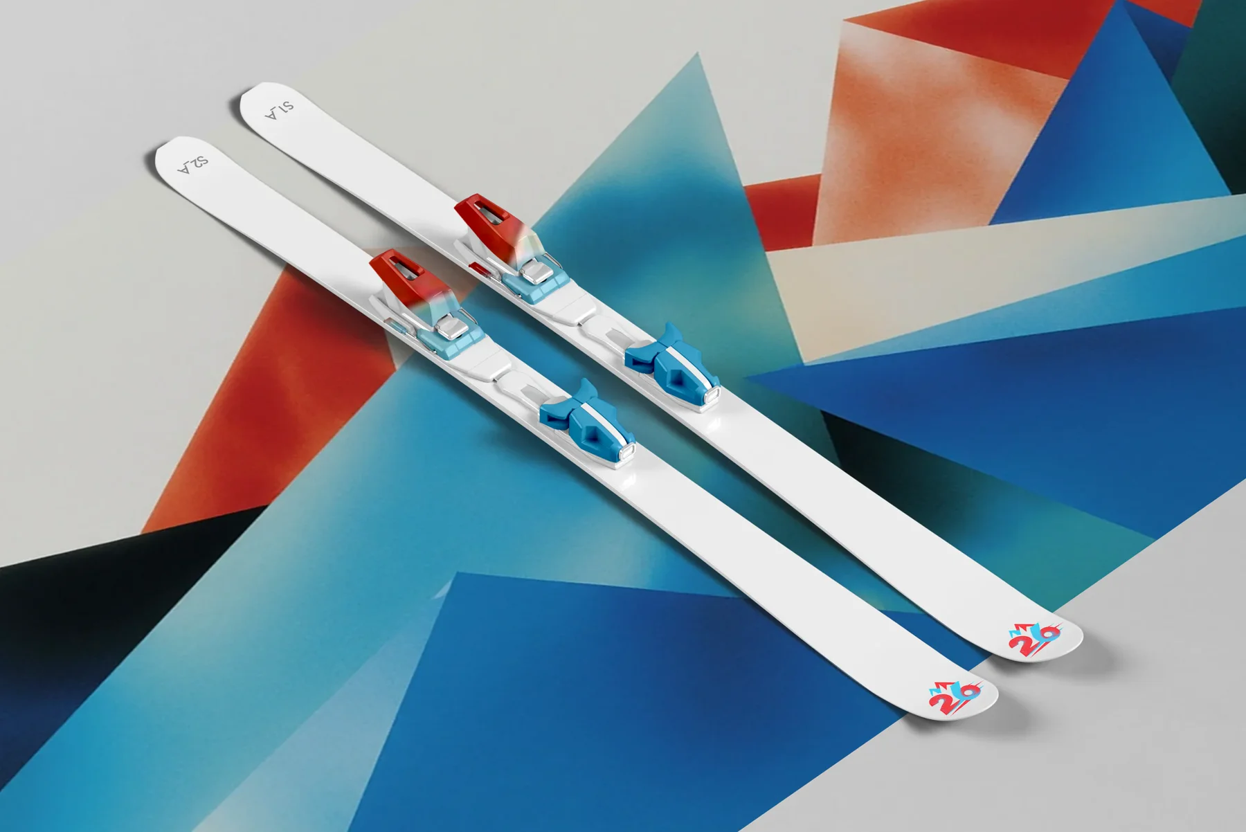 Race skis in Alpine White with Milano Red bindings and the 26 mark, on the super graphic.